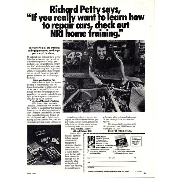 1980 NRI Professional Mechanics Course Richard Petty Vintage Print Ad Wall Art - Picture 1 of 2